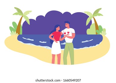Romantic Couple Spending Time Together during Summer Vacation on Seashore. Man and Woman Cartoon Characters on Evening Beach Background. Honeymoon Romantic Travel. Flat Cartoon Vector Illustration.