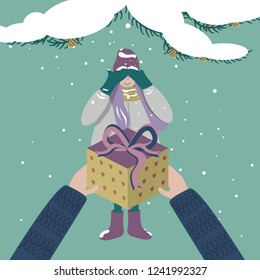 Romantic couple - St. Valentine's Day vector greeting card design template with cute girl in love with holiday gift on snowy forest background