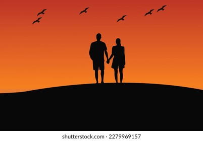 Parada romántica en las artes vectoriales libres de atardecer.