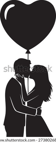 Romantic couple standing with a floating heart balloon.