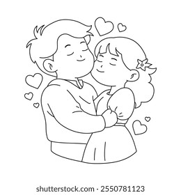 Romantic couple standing hugging feeling in love with floating heart bubbles illustration. Valentine Day cute greeting elements for card, poster, flyers, invitation. Couple hug. Love couple embracing.