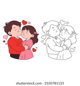 Romantic couple standing hugging feeling in love with floating heart bubbles illustration. Valentine Day cute greeting elements for card, poster, flyers, invitation. Couple hug. Love couple embracing.