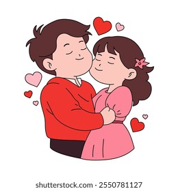 Pareja romántica de pie abrazándose sintiéndose enamorada con la ilustración de burbujas de corazón flotante. Día de San Valentín lindos Elementos de felicitación para la tarjeta, cartel, volantes, invitación. Un abrazo de pareja. Amo a la pareja abrazándose.