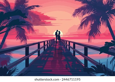 romantic couple  standing on the deck around  sea background