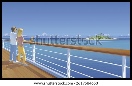 Romantic couple standing on the deck of a ship, gazing at a beautiful tropical island in the distance under a clear sky.