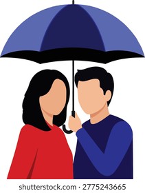 Romantic Couple Standing Together Under Umbrella in Rain, Minimal Flat Illustration