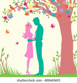 romantic couple stay under the tree vector illustration