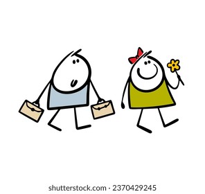 Romantic couple of students are coming from school. Vector illustration of a boy carrying a woman's briefcase, a girl sniffing a flower. Caricature character isolated on white background.