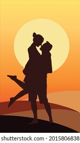 Romantic couple at sunset, silhouette.