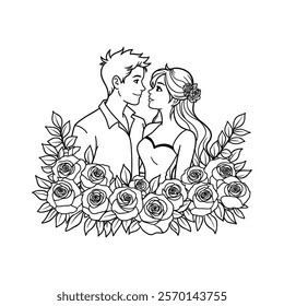 Romantic Couple Surrounded by Roses in an Elegant Line Art Design