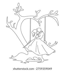 Romantic Couple Swing Line Art Heart Tree Love Illustration