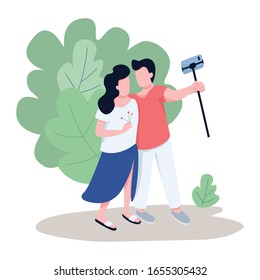 Romantic couple taking selfie flat color vector faceless characters. Tourists, vloggers streaming live from city park isolated cartoon illustration for web graphic design and animation