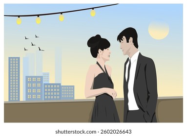 Romantic couple, talking on top of a building with city and buildings in the background, with lights on top, suitable for background, wall decoration, frame.