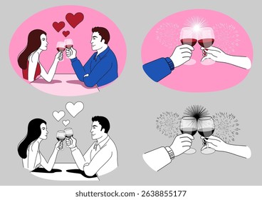 Romantic Couple Toasting with Wine, love, anniversary, and celebration vector illustration