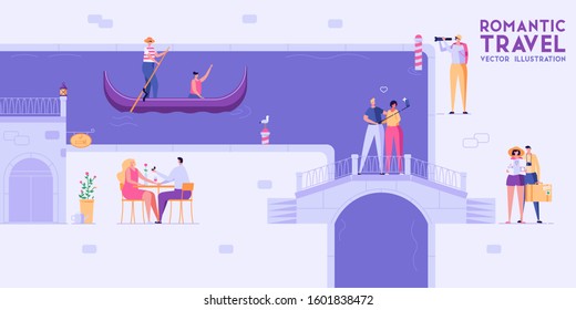 Romantic couple travel, make selfie, offer of marriage and walking in city. Young men and women in vacation. Family tourism, love travel, honeymoon concept. Vector illustration in flat cartoon design