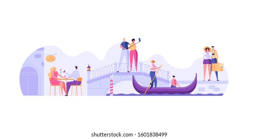 Romantic couple travel, make selfie, offer of marriage and walking in city. Young men and women in vacation. Family tourism, love travel, honeymoon concept. Vector illustration in flat cartoon design