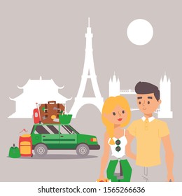 Romantic couple traveling around the world with car, vector illustration. Sightseeing road trip journey on honeymoon, happy man and woman on vacation together. Auto tourism, cartoon characters and car