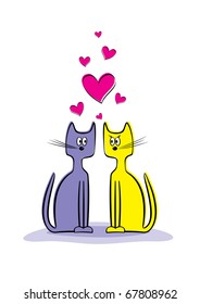 romantic couple of two loving cats with heart vector illustration isolated on white