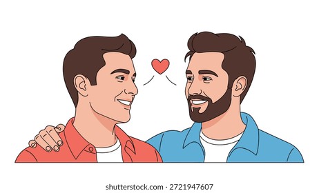Pareja romántica de dos hombres comparten un momento amoroso mientras se miran a los ojos con un Pequeño símbolo de corazón rojo entre ellos.