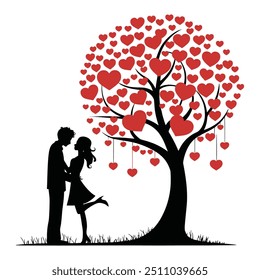 Romantic couple under heart tree silhouette