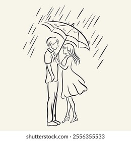 Romantic Couple Under Umbrella During Rain, Hand Drawn Minimalist Line Art