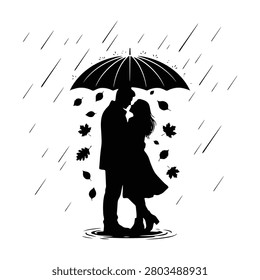 Romantic Couple under an umbrella in rain with falling leaves silhouette