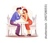 Romantic Couple Valentine Concept. Romantic dinner dating couples. Man and woman sitting at cafe table, drinking coffee and talking about love.