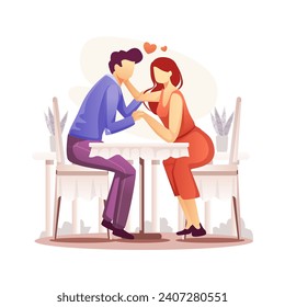 Romantic Couple Valentine Concept. Romantic dinner dating couples. Man and woman sitting at cafe table, drinking coffee and talking about love.