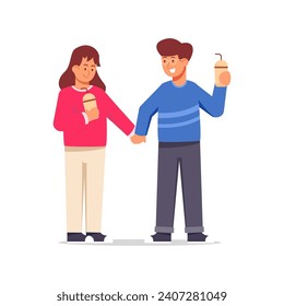 Romantic Couple Valentine Concept.  fun and enjoy dating, balloons, male movies music together happily. cartoon character, vector illustration