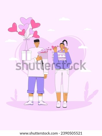 Romantic couple. Valentine's Day gift exchange. People with giftboxes in heart shape. Dating. Love or friendship concept. February 14 romantic couple. Vector flat outline illustration