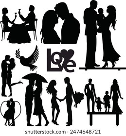 Romantic couple in various poses silhouettes collection set. Couple falling in love different poses isolated on white background silhouette set.
