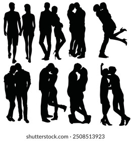 Romantic couple in various poses silhouettes collection set. Couple falling in love different poses isolated on white background silhouette set.