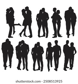 Romantic couple in various poses silhouettes collection set. Couple falling in love different poses isolated on white background silhouette set.