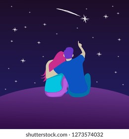 Romantic couple vector illustration with modern trendy cartoon art style. Elegant modern youthful valentine's day design for card, banner, and poster. Man and women see the stars on the peak.