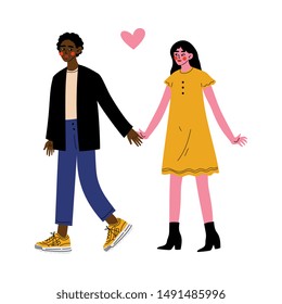 Romantic Couple Walking Holding Hands, First Dating Concept Vector Illustration