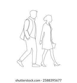 Romantic Couple walking Line art. Single line vector sketch, doodle. Man and woman in love, Wedding.