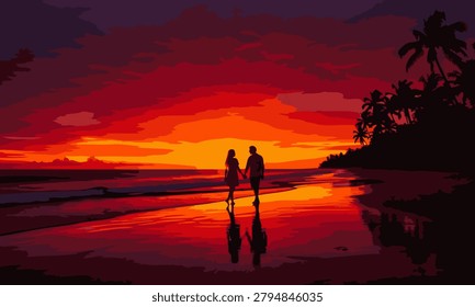 Romantic Couple Walking on Beach at Sunset Illustration