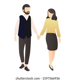 romantic couple walking together. couple cartoon characters. romantic couple relationship in flat vector illustration.