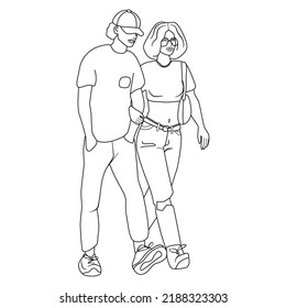 Romantic couple walking together. Man and woman on a casual date. Quality time together. Vector illustration in simple linear style. 