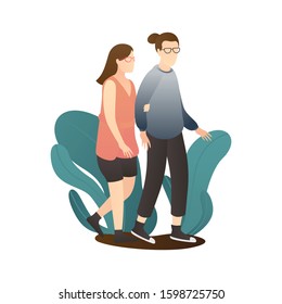 romantic couple walking together. outdoor romantic couple scenes. romantic couple relationship in flat vector illustration.