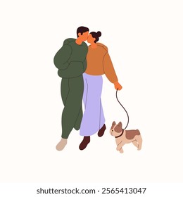 Romantic couple walks dog together. Boyfriend cuddles his girlfriend and kisses. Cute beloveds stroll outdoors. Happy people love each other. Flat isolated vector illustration on white background