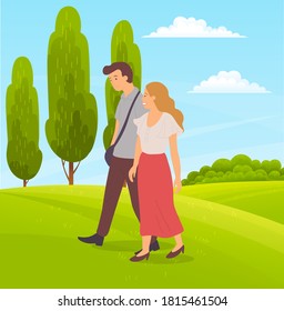 Romantic couple walks on green field, tall succulent trees, forest plants, succulent meadows, meadow, countryside. Summer time. Walks in open air. Flat vector image for website, banner, application