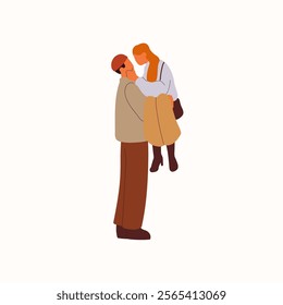 Romantic couple walks together. Boyfriend carries his girlfriend, holds beloved on hands. Cute people love each other, stroll, cuddle outdoors. Flat isolated vector illustration on white background