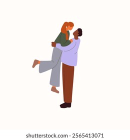 Romantic couple walks together. Boyfriend holds on hands his girlfriend. Cute beloveds, happy people love each other, stroll at the date. Flat isolated vector illustration on white background