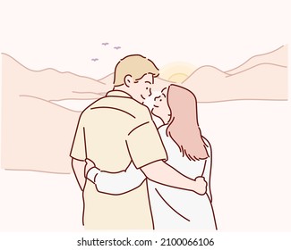 Romántica pareja mira, mira la puesta de sol en la cima de la montaña. Ilustraciones de diseño vectorial de estilo dibujado a mano.