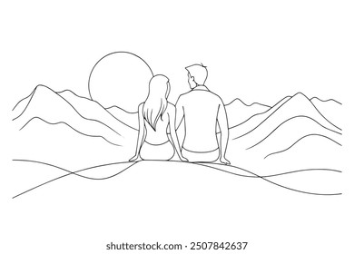 Romantic couple watch, look sunset at mountain top One line continuous line art vector illustration on white background