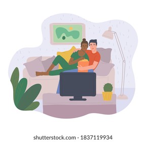 Romantic couple watching movie together, flat vector illustration isolated on white background. Couple bonding relationship through shared leisure and interests.