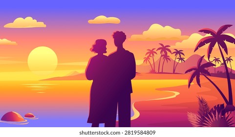 Romantic couple watching sunset on tropical island. Vector poster