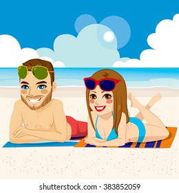 Romantic couple wearing swimsuit and sunglasses together on beach