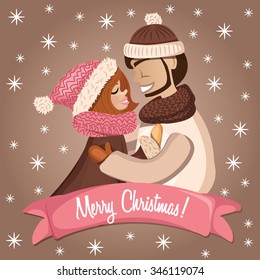 Ã?Â�Ã?Â¡ute romantic couple in winter clothes. Vector illustration
